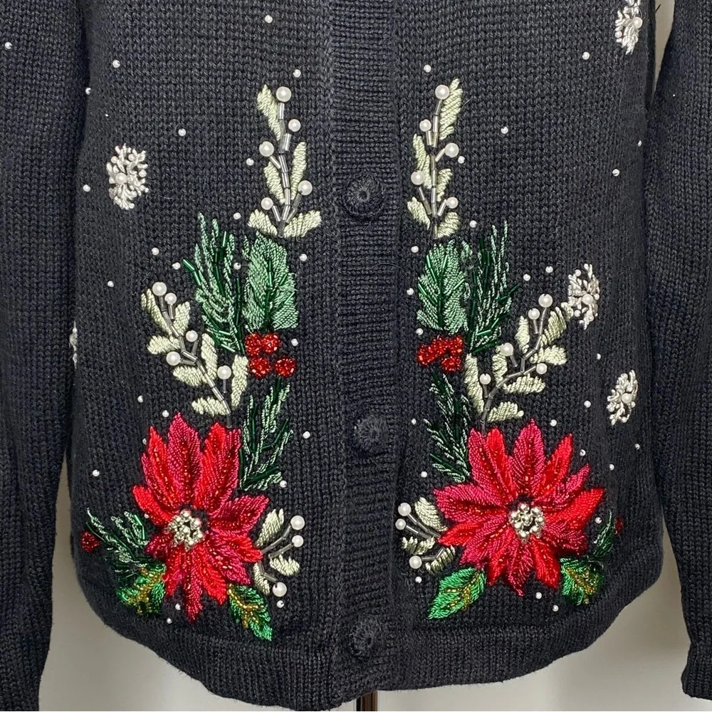 Victoria Jones Vintage Black Poinsettia Beaded Embroidered Cardigan Sweater